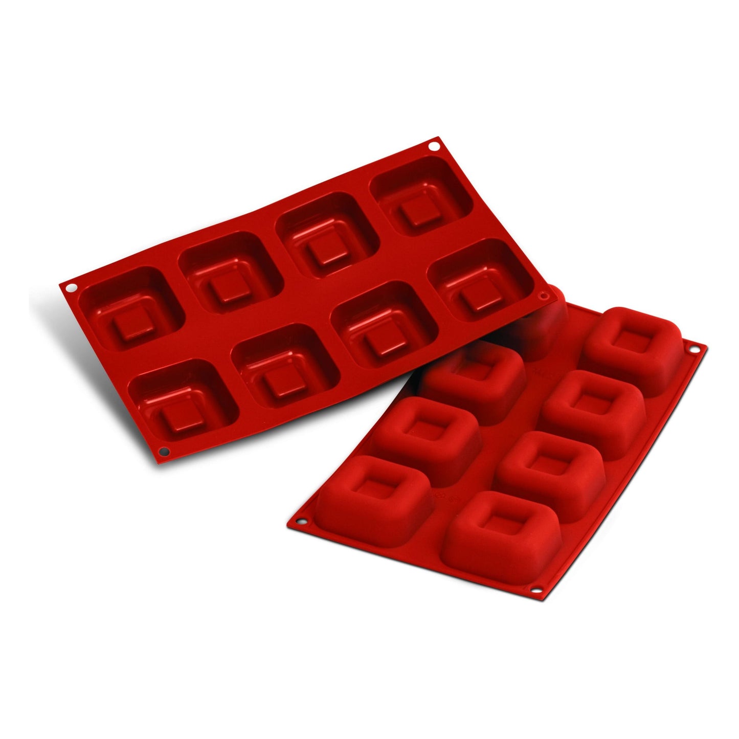 Paire de moules en silicone rouge, aux empreintes carrées pour pâtisseries individuelles.