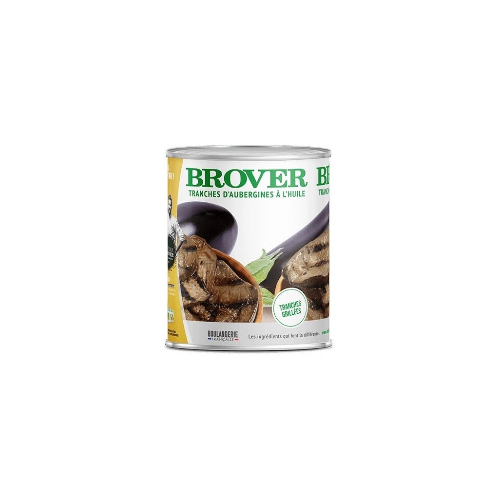 Boîte BROVER d'élégantes tranches d'aubergines grillées, signée Boulangerie Française.