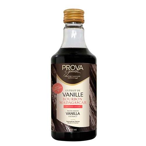 Bouteille d'extrait de vanille Bourbon Madagascar Prova Gourmet, intense et avec grains.
